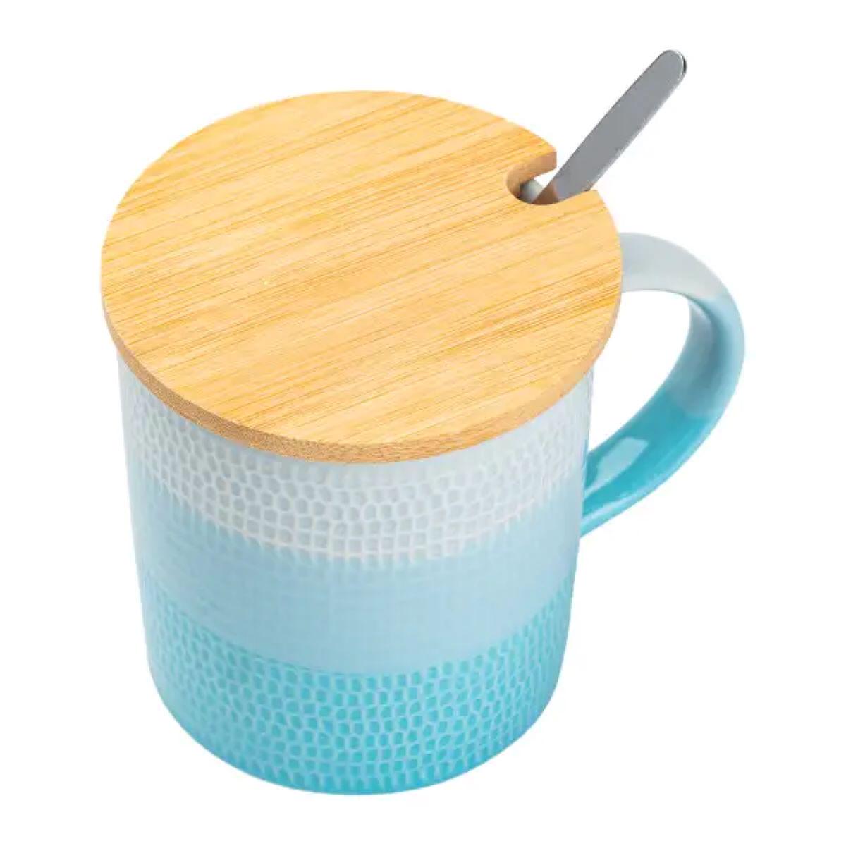 Чашка Lighthouse с бамбуковой крышкой и ложкой керамическая 350 мл Голубой (LG-20141) (113939) - фото 3