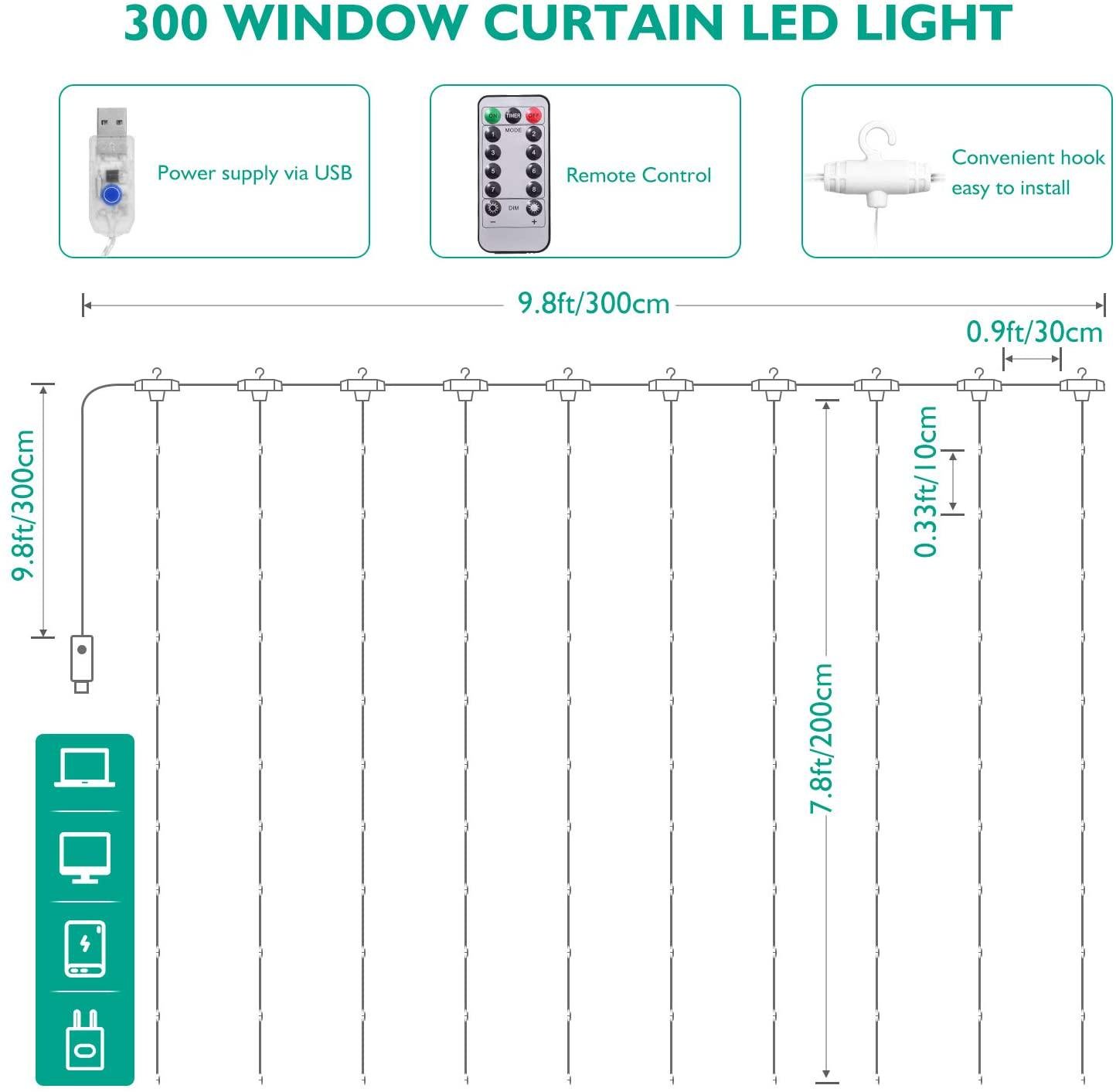 Гірлянда-завіса Sunnest світлодіодна водонепроникна 3х3 м 300LED USB з пультом (SUN-300L) - фото 7