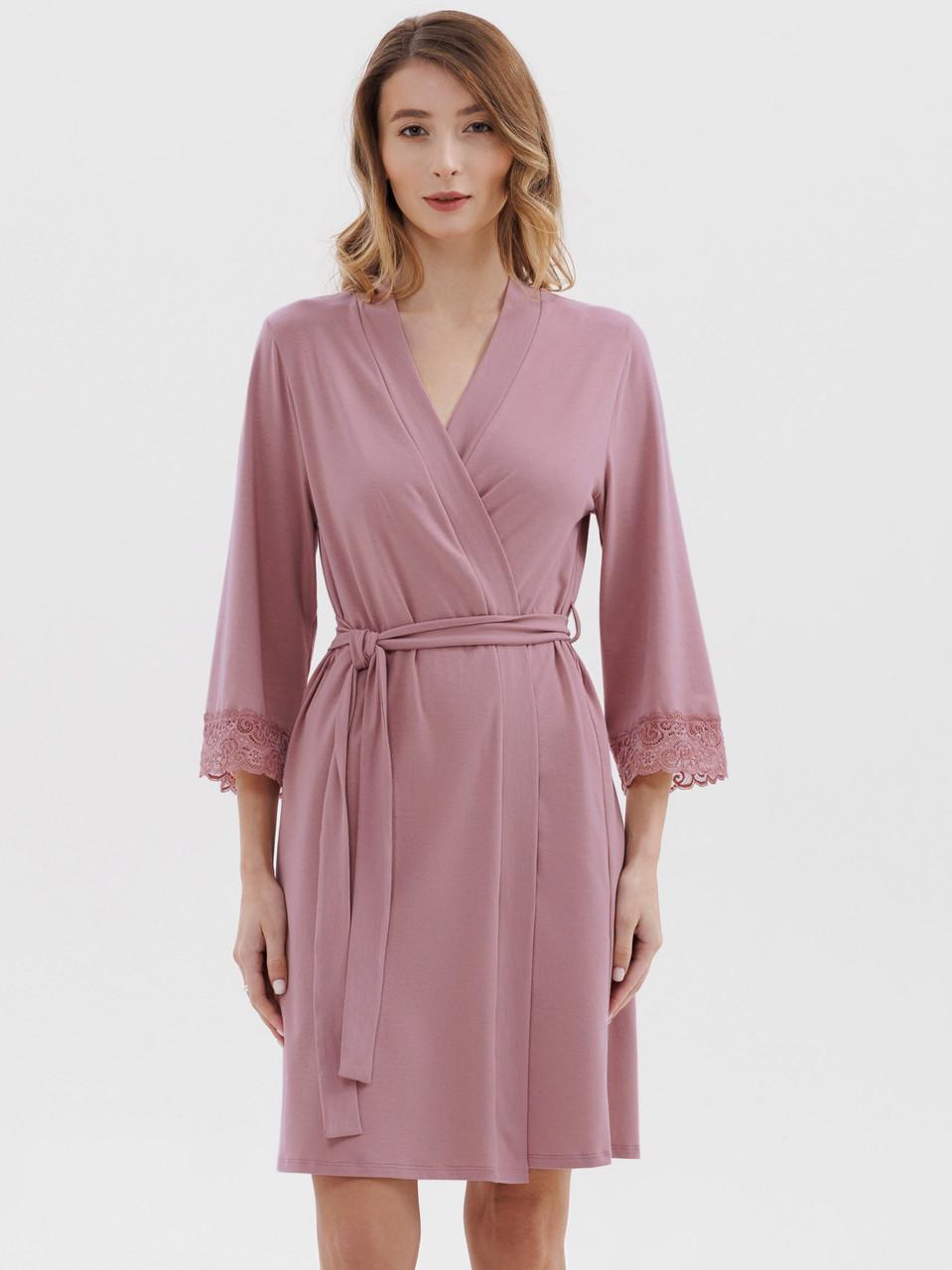 Халат женский Roksana с кружевными рукавами хлопковый 3XL Розовый (1563/16529)