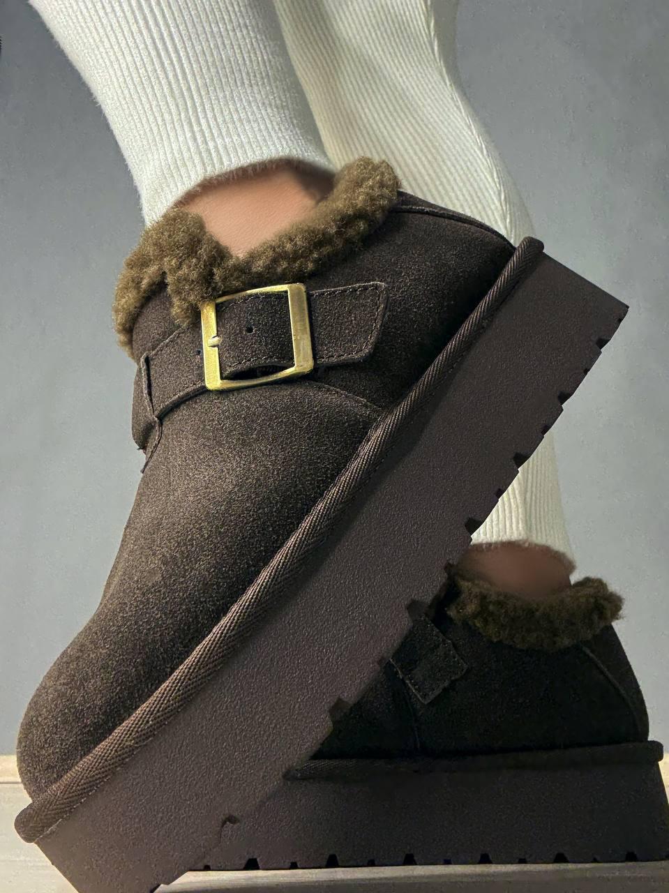 Ботинки женские Hengji 003-7 угги натуральная замша с пряжкой р. 38 Коричневый (5610) - фото 3
