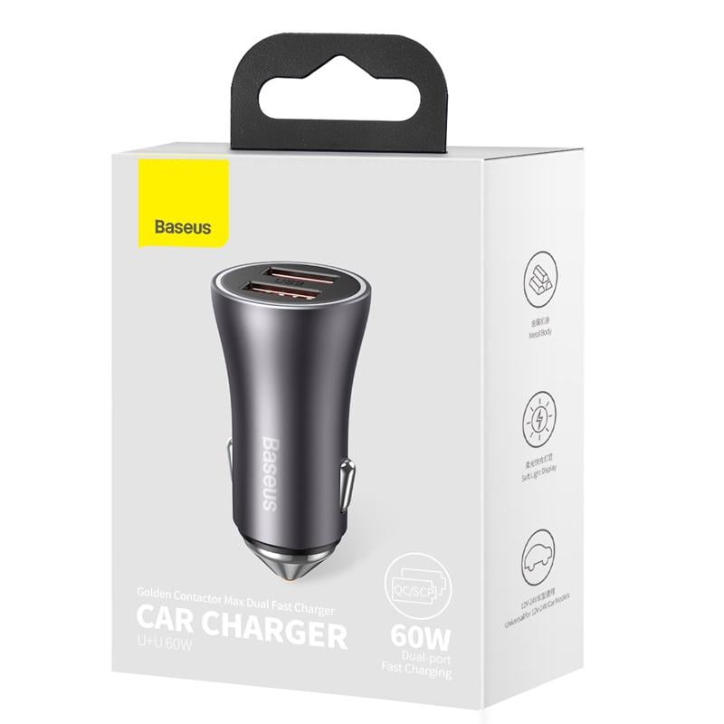 Зарядное устройство автомобильное BASEUS Golden Contactor Max Dual Fast Charger Car Charger U+U 60W Dark Gray (CGJM000013)
