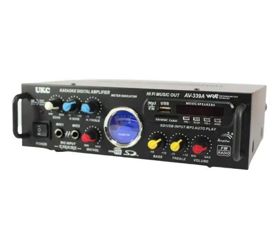 Стереоусилитель звука 2х120W 4 Ом FM 87,5 МГц-108 МГц AMP-339 BT с караоке и разъемами для SD и USB металлический (opt-105989)