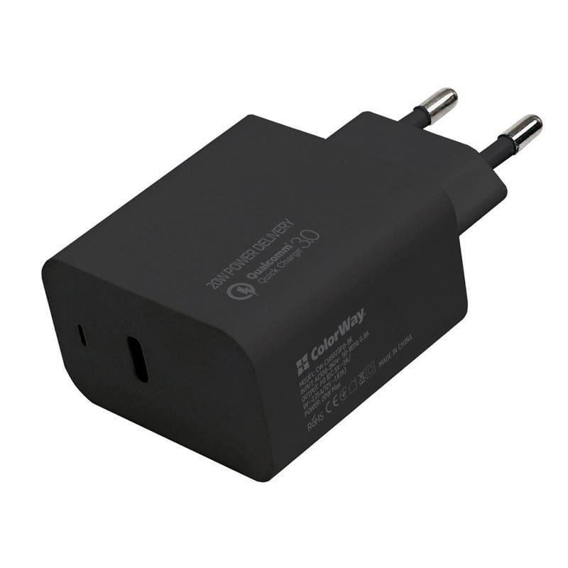 Зарядное устройство сетевое ColorWay USB Type-C PD 20 Вт Black (CW-CHS023PD-BK)