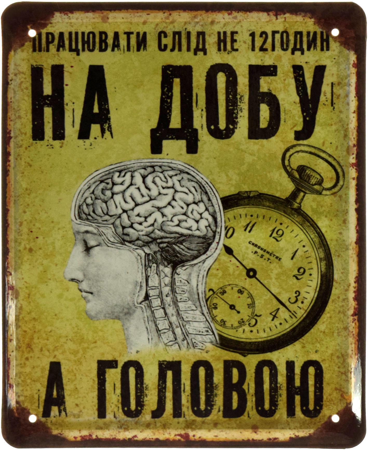 Табличка металлическая "Працювати Слід Не 12 Годин На Добу А Головою" 18x22 см