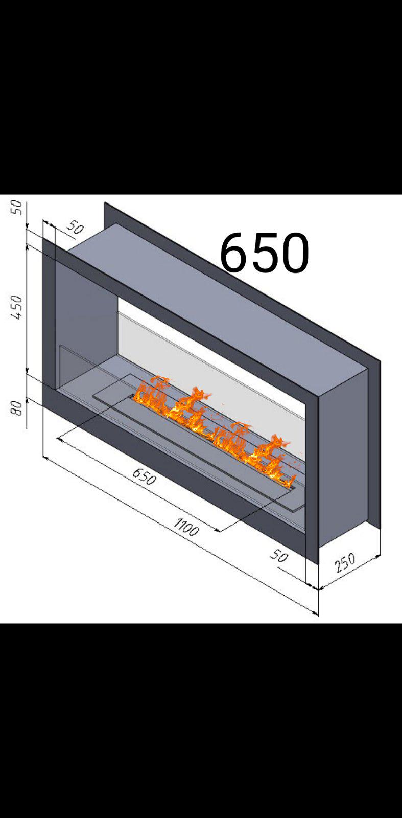 Біокамін вбудований тунельний рамочний 1100 мм з пальником та захисним склом в комплекті лінія вогню 650 мм Чорний (11562225) - фото 2