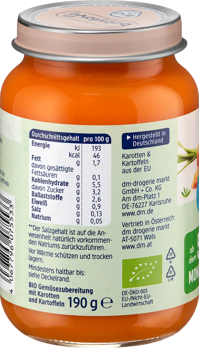 Молода морква Babylove 190 г з картоплею для дітей з 5 місяців - фото 3 Молода морква Babylove 190 г з картоплею для дітей з 5 місяців - фото 3