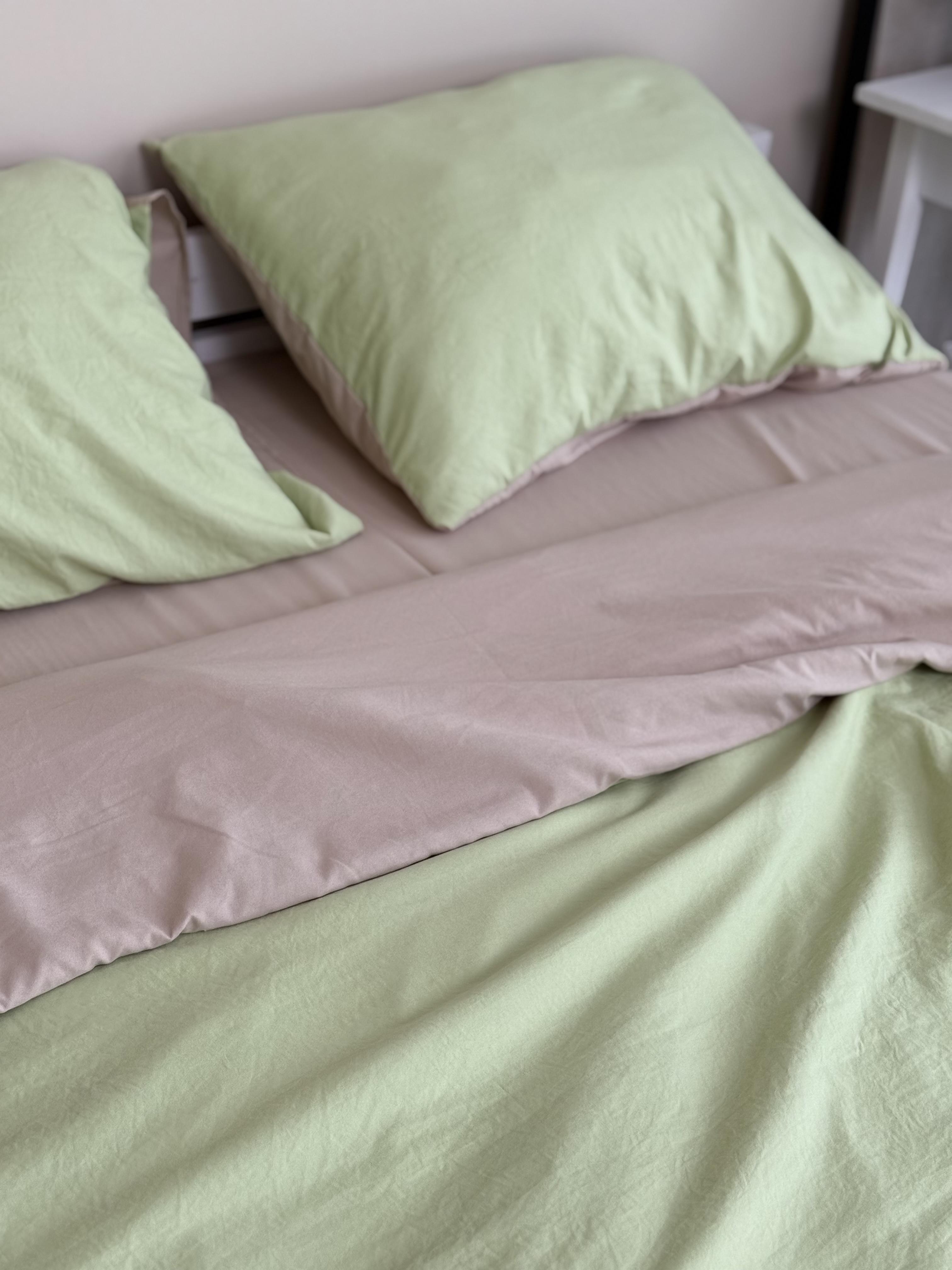 Комплект постельного белья Тень сатин евро/наволочки 50х70/70х70 см Зеленый/Бежевый (6834) - фото 2