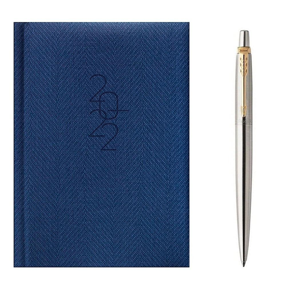 Подарочный настольный набор шариковая ручка Parker Jotter SS GT 16 032 и ежедневник Brunnen Tweed 2022 Синий (73-736 31 302)