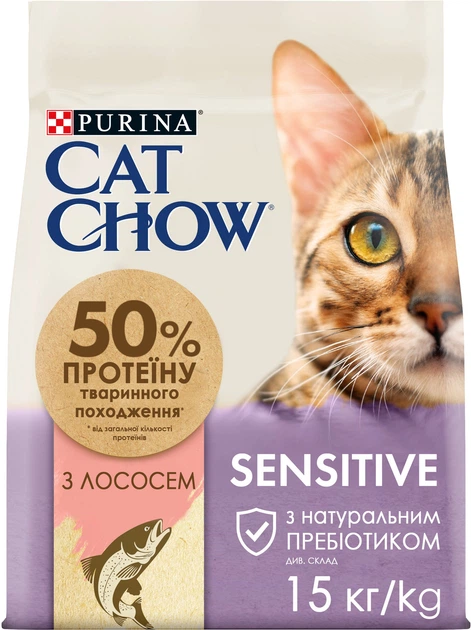 Корм сухий для дорослих котів із чутливою шкірою та травленням Purina Cat Chow Sensitive з лососем 15 кг (94902)