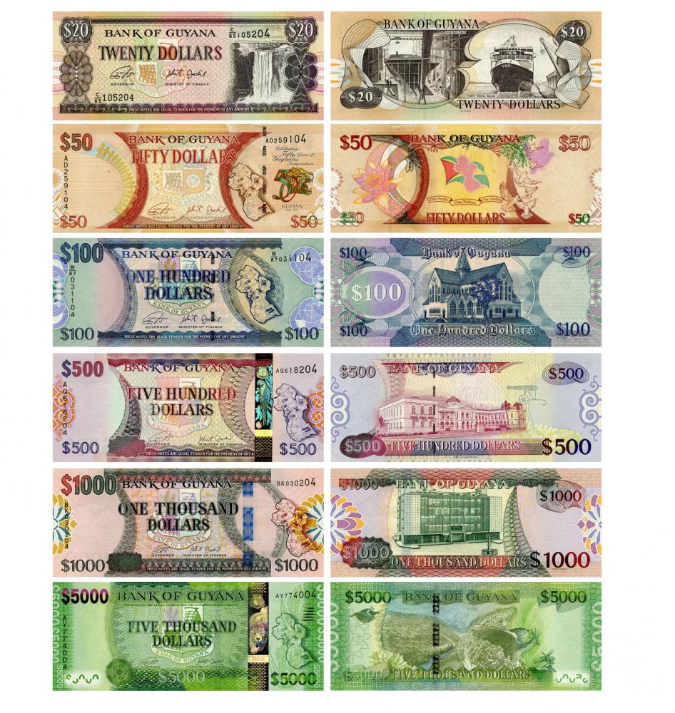 Коллекционная банкнота Гайана набор из 6 банкнот выпуска 1996 2019 UNC 20/50/100/500/1000/5000 долларов (Б15651)