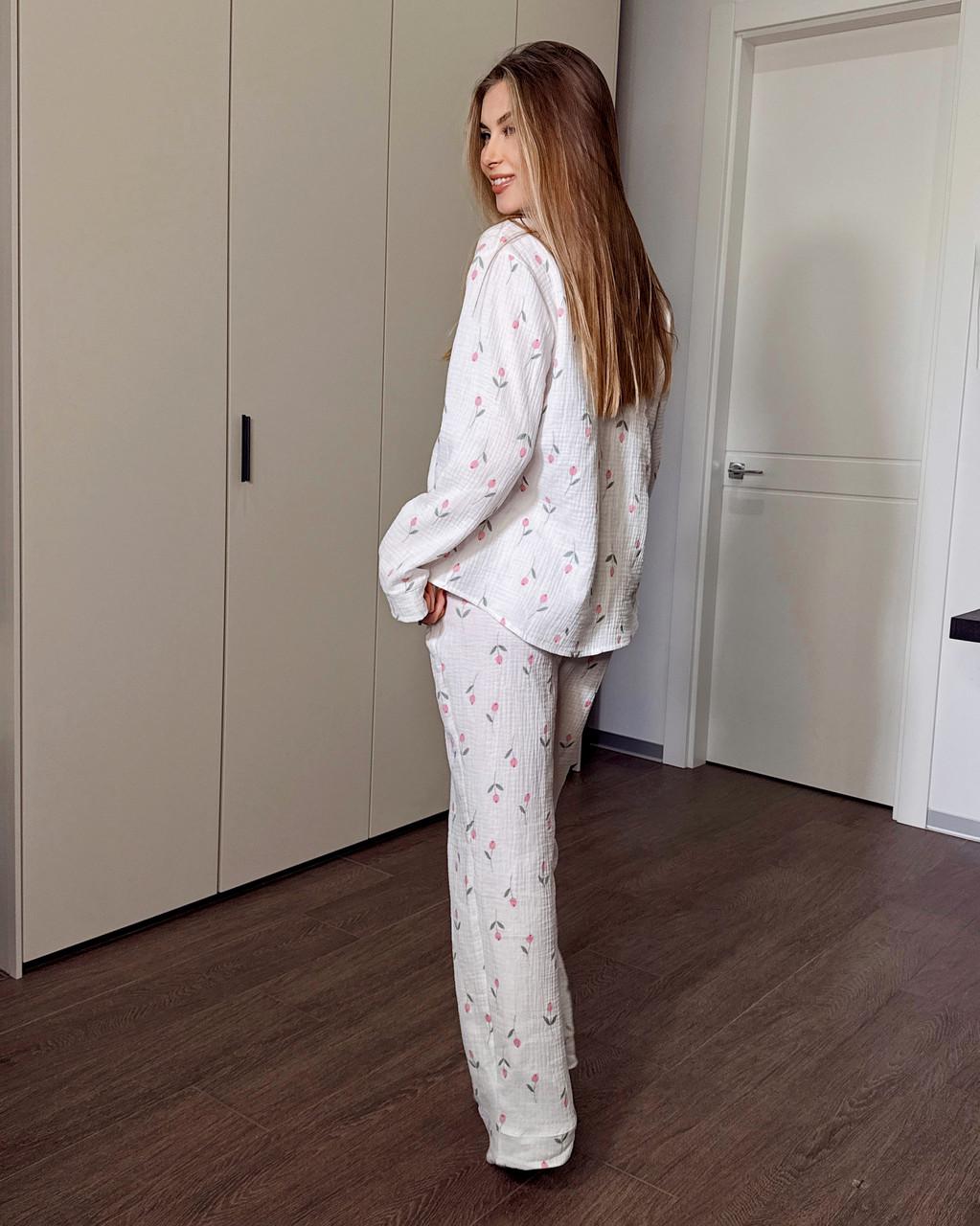 Костюм домашний пижама женская из муслина рубашка со штанами Розовый тюльпан (2490277393) - фото 8 Костюм домашний пижама женская из муслина рубашка со штанами Розовый тюльпан (2490277393) - фото 8