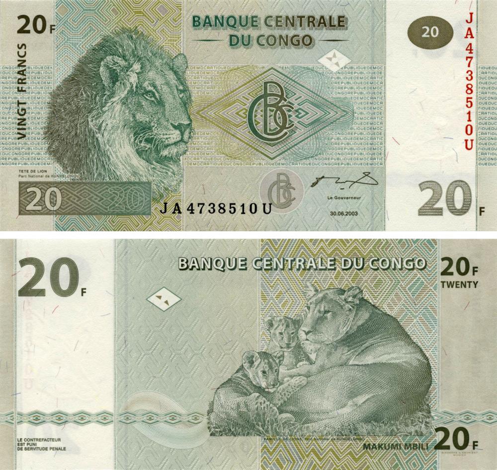 Коллекционная банкнота Демократическая Республика Конго 20 франков 2003 UNC P94 (Б10360)