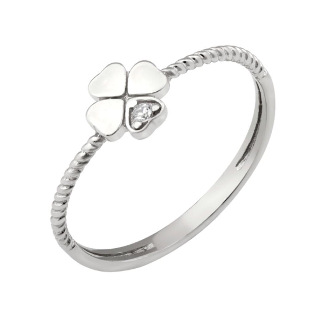 Серебряное кольцо четырехлистник с белым камнем р. 16,5 родованное 0,81 г (лк0305р)