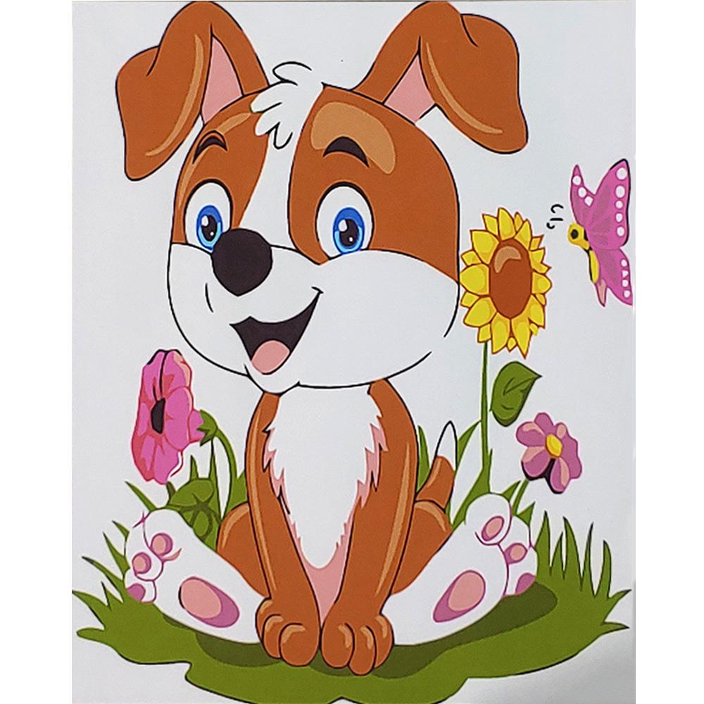 Картина по номерам Strateg Премиум Щенок в цветах с лаком и уровнем 30х30 см (ES217)