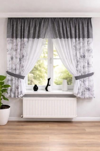 Занавес на кухню лен/шифон 400х180 см Серый/Белый (500к 2)