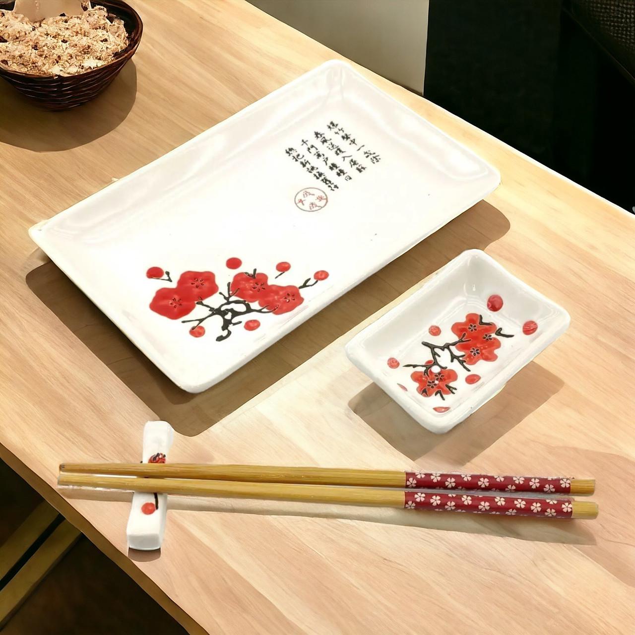 Набор для суши Сакура 4в1 тарелка/соусница/бамбуковые палочки/подставка под палочки из керамики 28х14 см (07-34280B) - фото 4 Набор для суши Сакура 4в1 тарелка/соусница/бамбуковые палочки/подставка под палочки из керамики 28х14 см (07-34280B) - фото 4