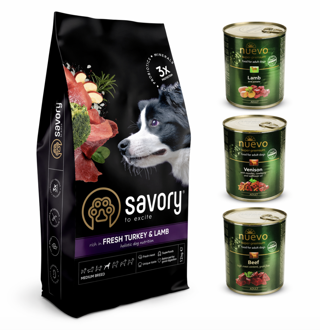 Набор корма для средних пород Savory с индейкой и ягненком 3 кг и консервы Nuevo 3 шт. по 400 г (4820232630266)