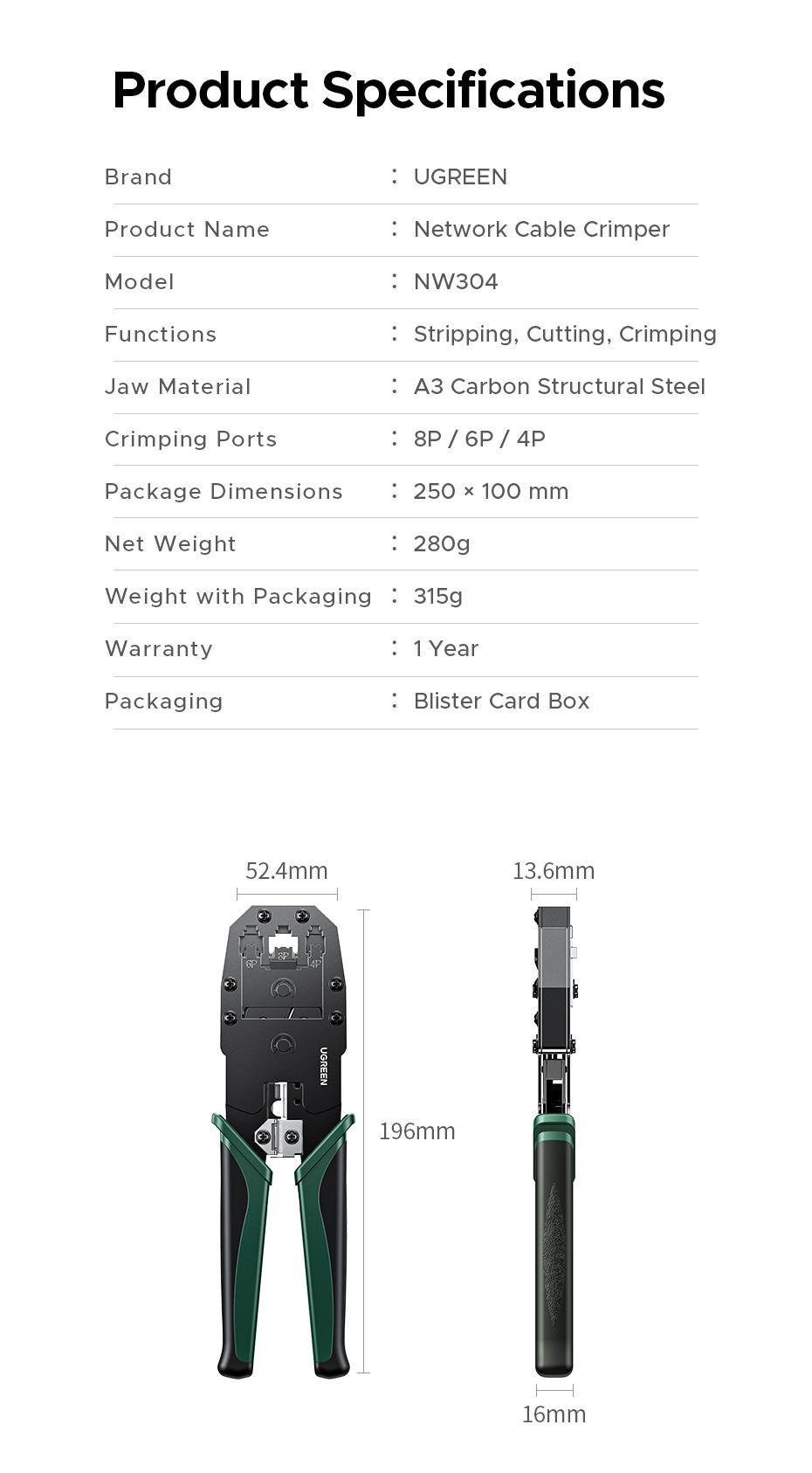 Кримпер для коннекторов Ugreen RJ45 RJ12 RJ11 8P 6P 4P 196 мм (29516821) - фото 10 Кримпер для коннекторов Ugreen RJ45 RJ12 RJ11 8P 6P 4P 196 мм (29516821) - фото 10
