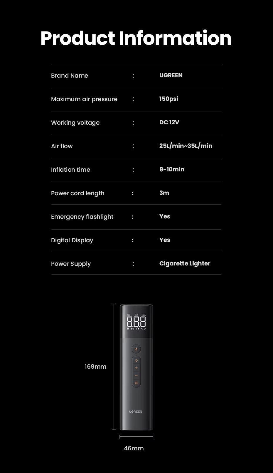 Компресор UGREEN 150psi 35 л/хв LED від прикурювача Чорний (35573) - фото 8 Компресор UGREEN 150psi 35 л/хв LED від прикурювача Чорний (35573) - фото 8