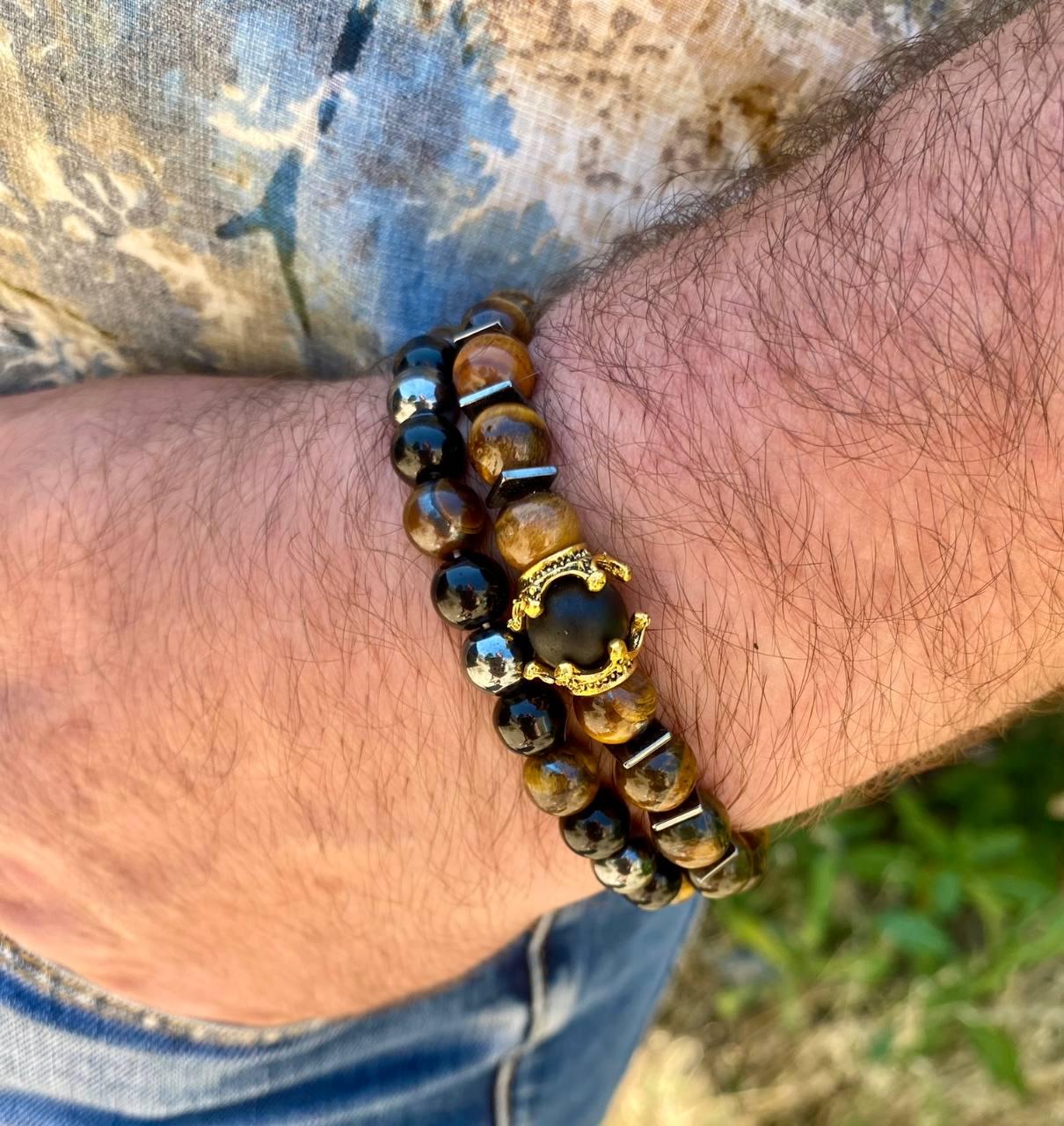 Набор браслетов LITAURS ручной работы из натурального камня оникс гематит тигровый глаз и металлическими вставками M 15-17 см 2 шт. (240711) - фото 2 Набор браслетов LITAURS ручной работы из натурального камня оникс гематит тигровый глаз и металлическими вставками M 15-17 см 2 шт. (240711) - фото 2