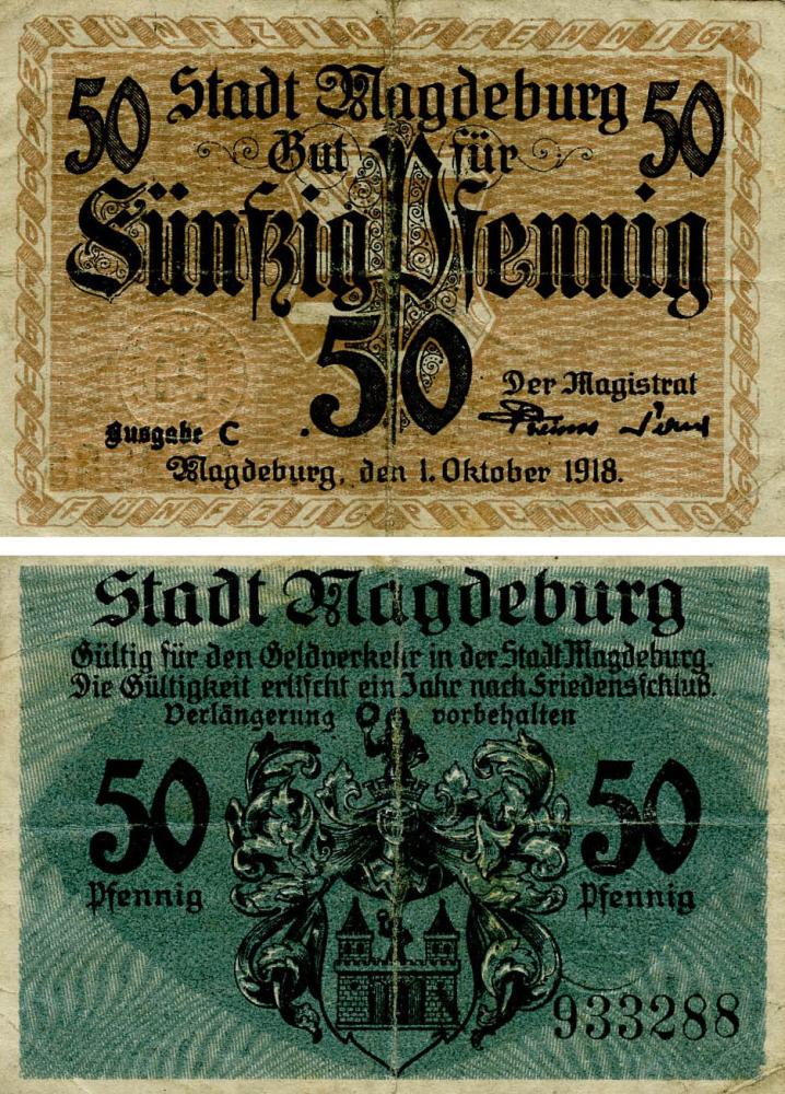 Коллекционная банкнота Германия Нотгельд 50 пфеннигов 1918 F-VF Магдебург (Б18685)