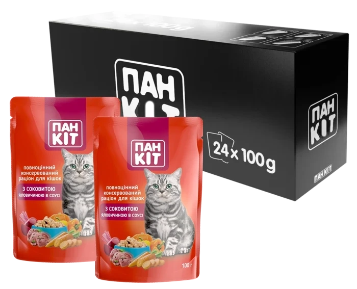 Влажный корм для взрослых кошек Пан Кот с сочной говядиной в соусе 24 шт. по 100 г