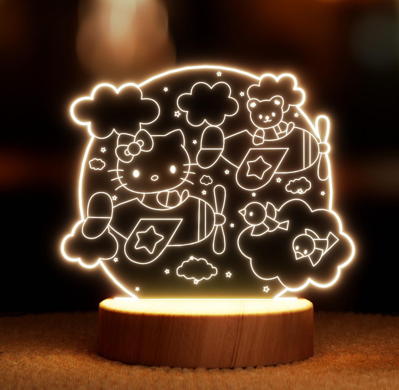 Нічник-світильник Lampic Кітті в літачку USB дерево/акрил 16х17 см Жовтий (32377388)