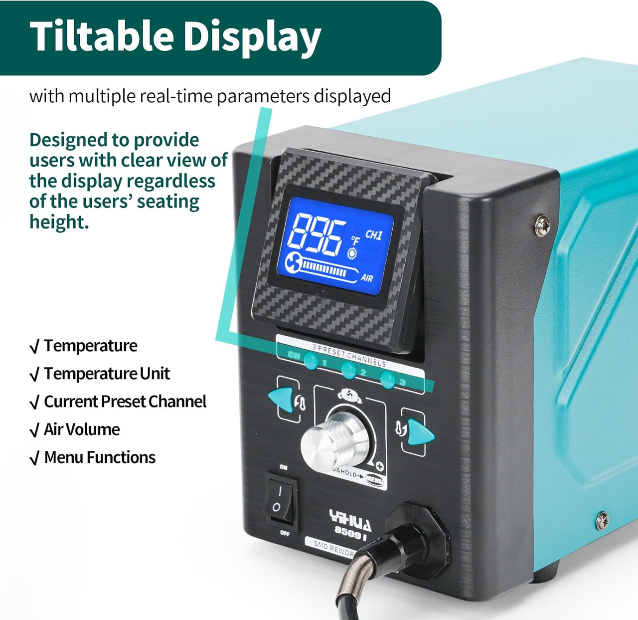 Паяльная станция YIHUA 8509-I 170W трмовоздушная мини с дисплеем 100°C~480°C 8 насадок (2689681519) - фото 4