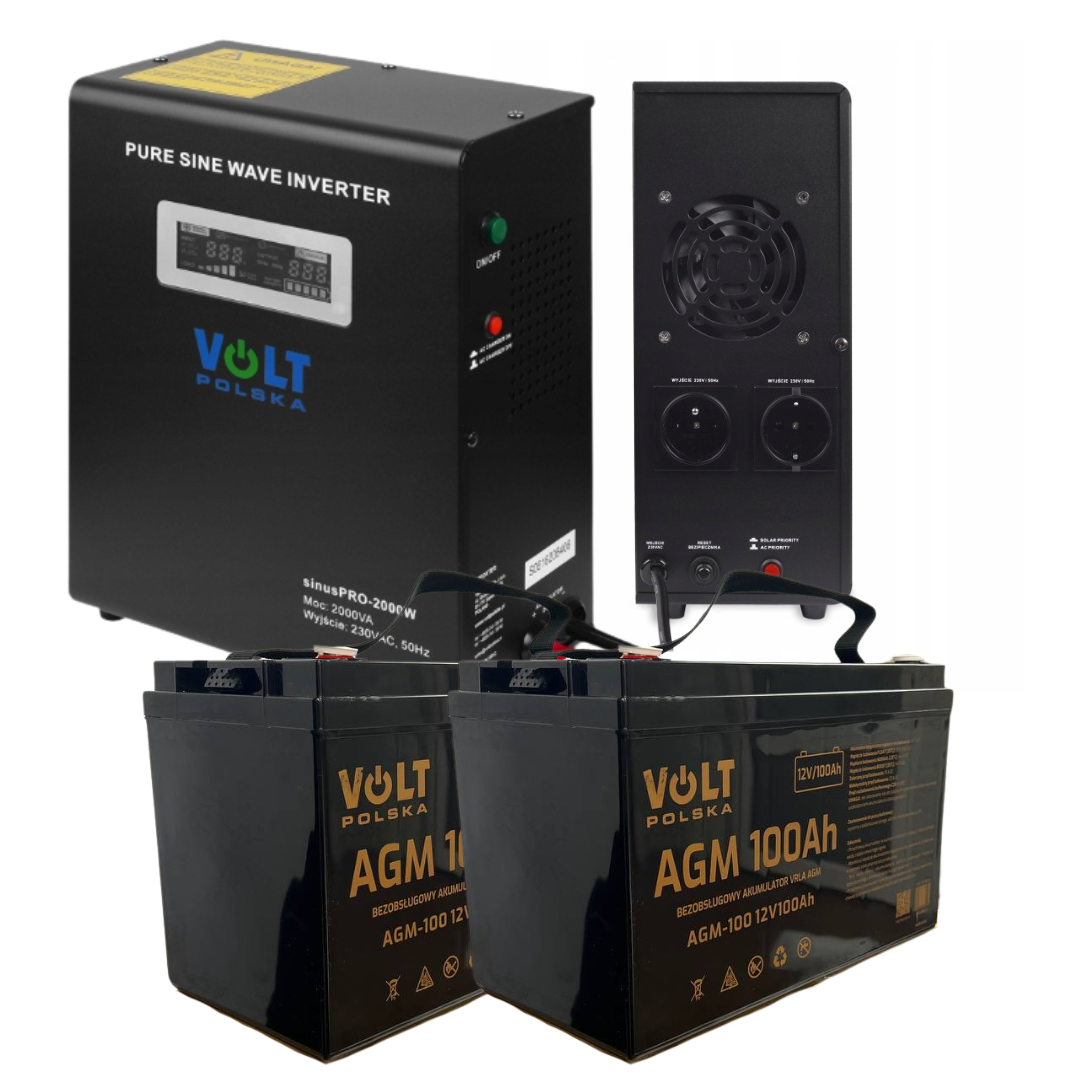 Комплект для аварійного живлення інвертор Volt Polska SINUS PRO 2000W 1400/2000W та 2 акумулятори VOLT VRLA 100 Ah 12V (leo-140448)