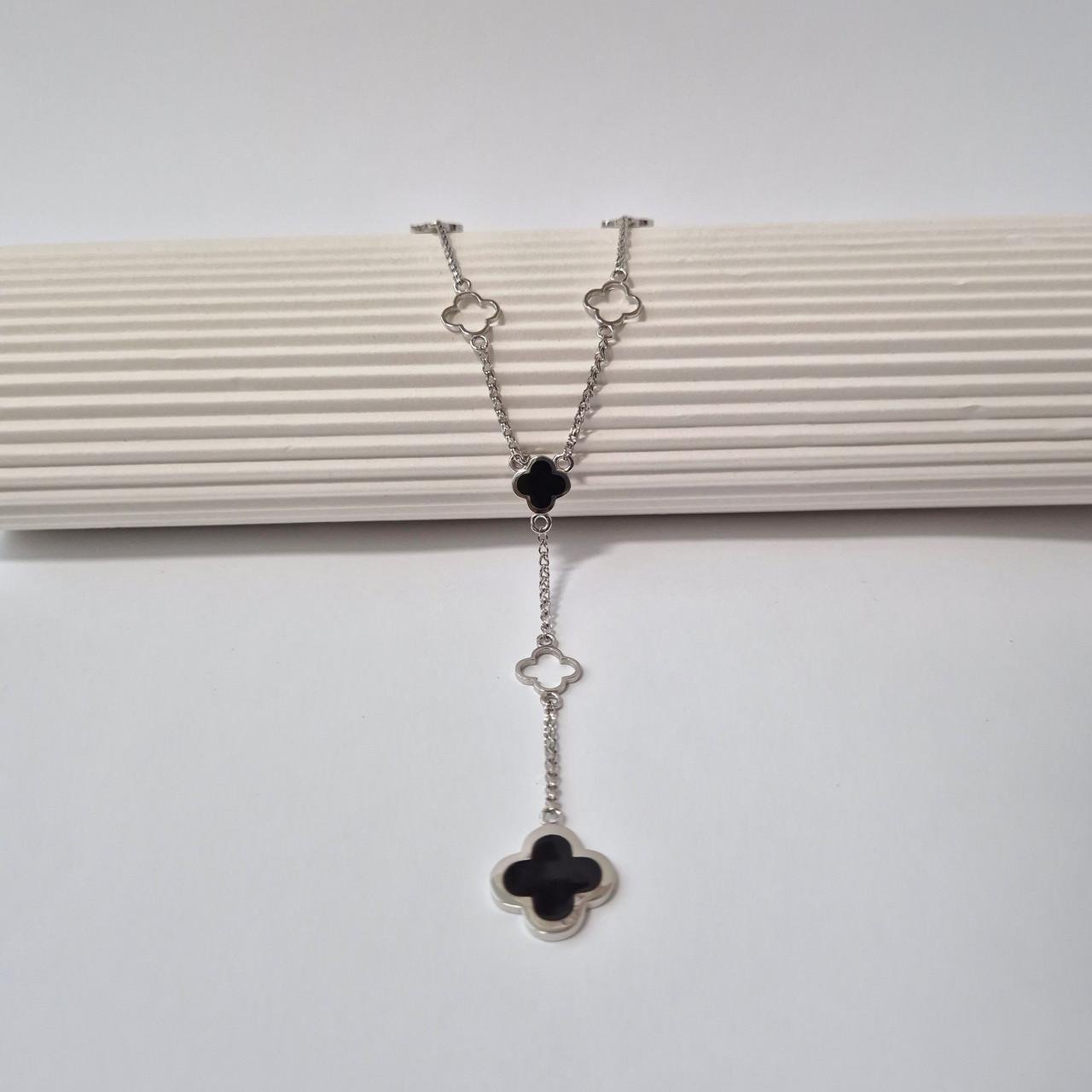 Колье с подвеской Клевер с черной эмалью серебро 925 пробы родированное 6,38 г 45 см (453цв)