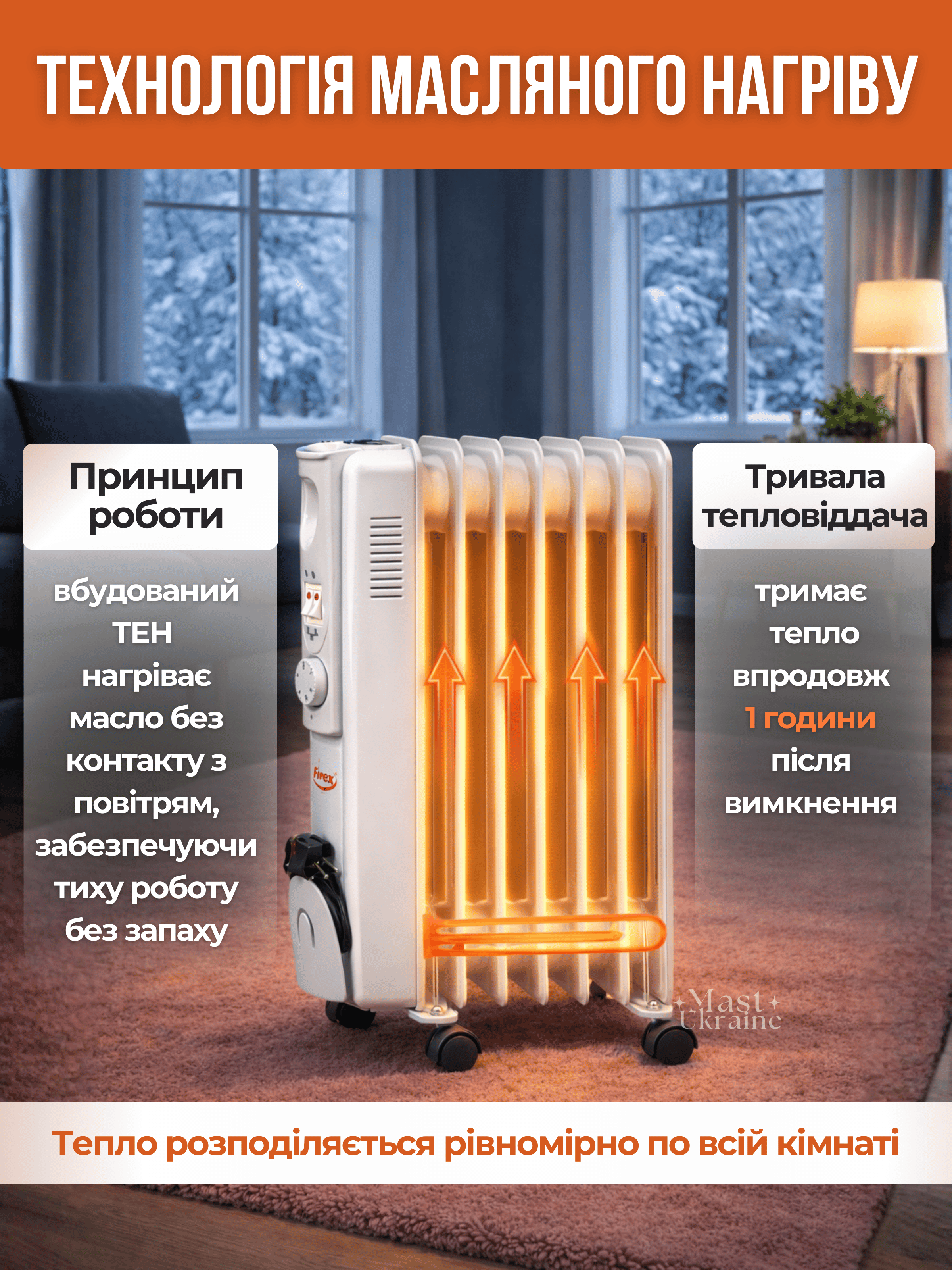 Обігрівач масляний радіаторний Firex з колесами і термостатом 1500Вт 7 секцій Білий (FRX-1500) - фото 10 Обігрівач масляний радіаторний Firex з колесами і термостатом 1500Вт 7 секцій Білий (FRX-1500) - фото 10