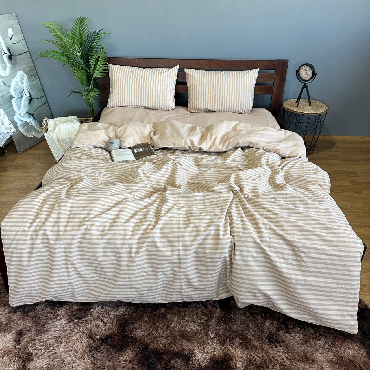 Комплект постільної білизни в смужку простирадло на резинці євро 160x200х20/50х70 см Бежевий (25832447)