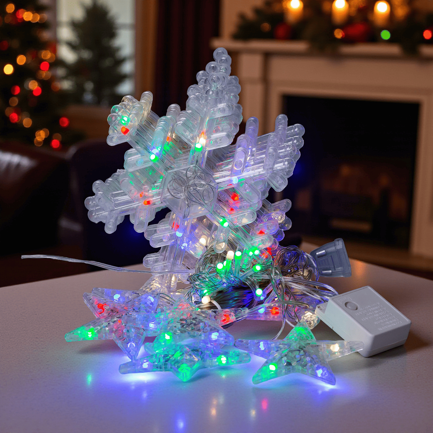 Гірлянда мережева у формі зірочок та сніжинок 12 фігур 3х0,9 м 108 діодів Різнокольоровий (1733061ML)