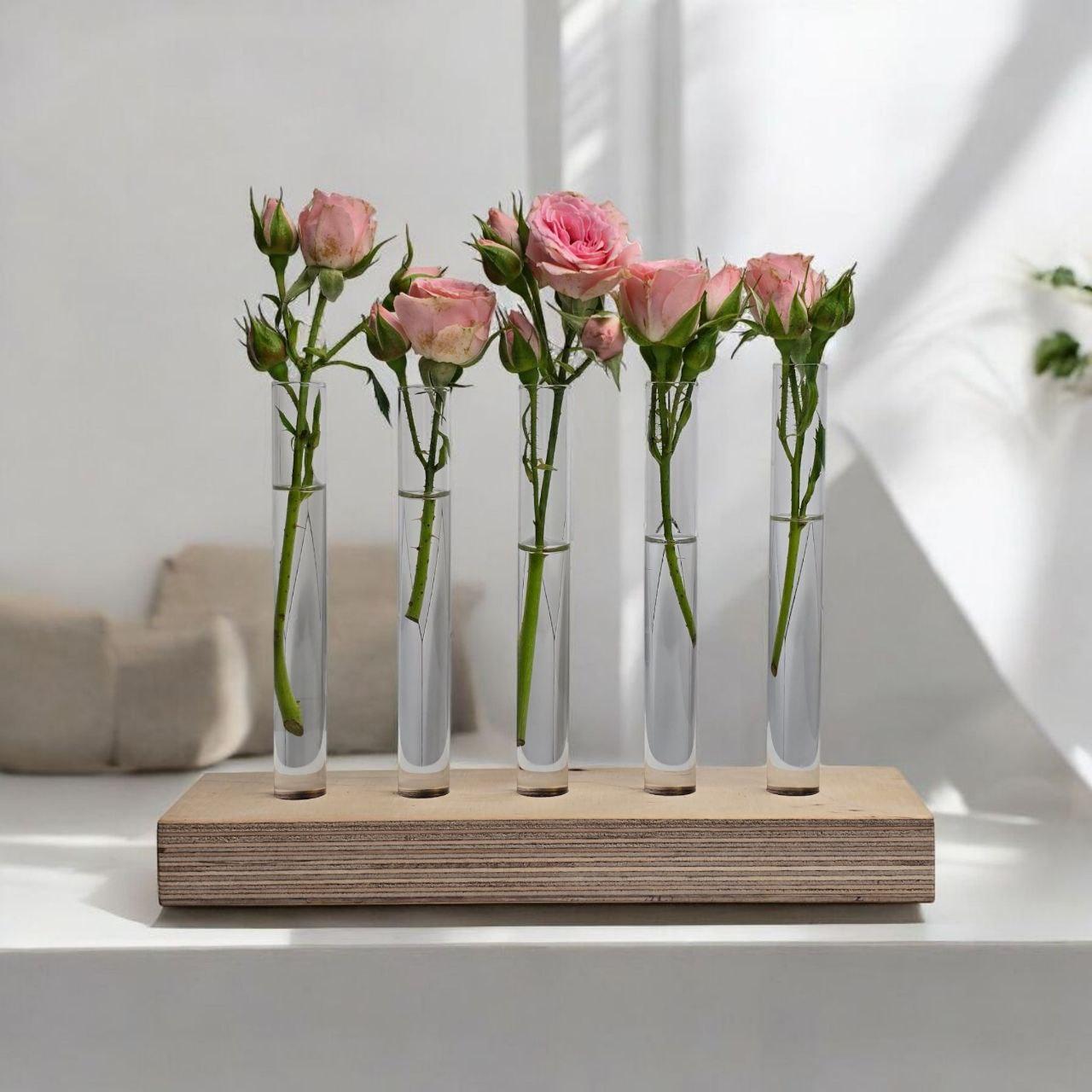 Ваза деревянная для цветов с пятью стеклянными пробирками для дома и офиса