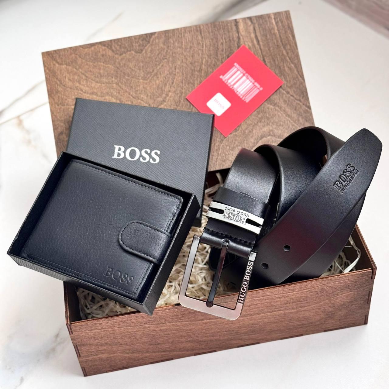 Подарочный набор Hugo Boss мужской ремень и портмоне в деревянной коробке (202 PTR)