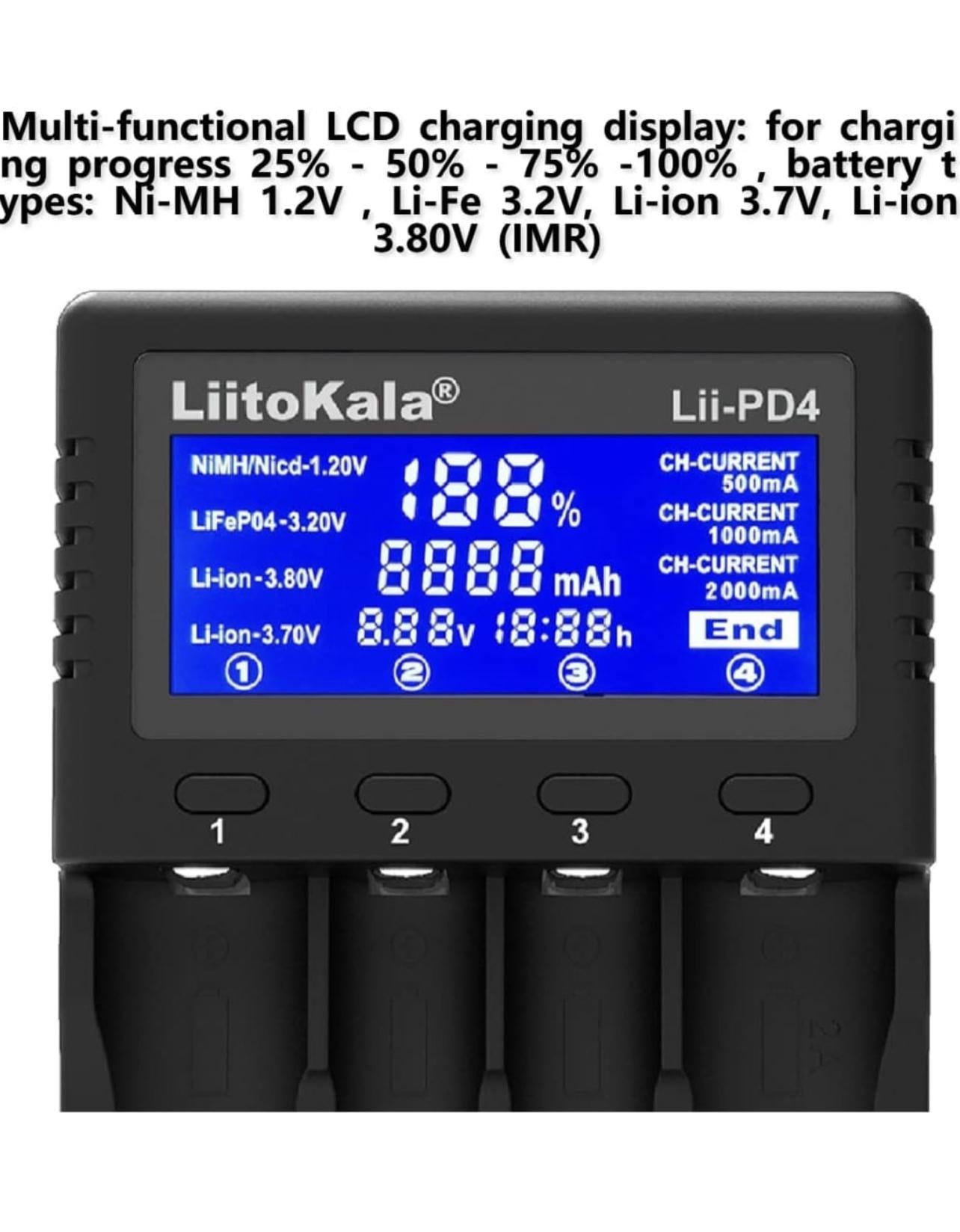 Зарядное устройство Kayfovo для аккумуляторных батарей АА/AAA с быстрой зарядкой LCD дисплеем Liitokala PD4 (28927) - фото 3 Зарядное устройство Kayfovo для аккумуляторных батарей АА/AAA с быстрой зарядкой LCD дисплеем Liitokala PD4 (28927) - фото 3