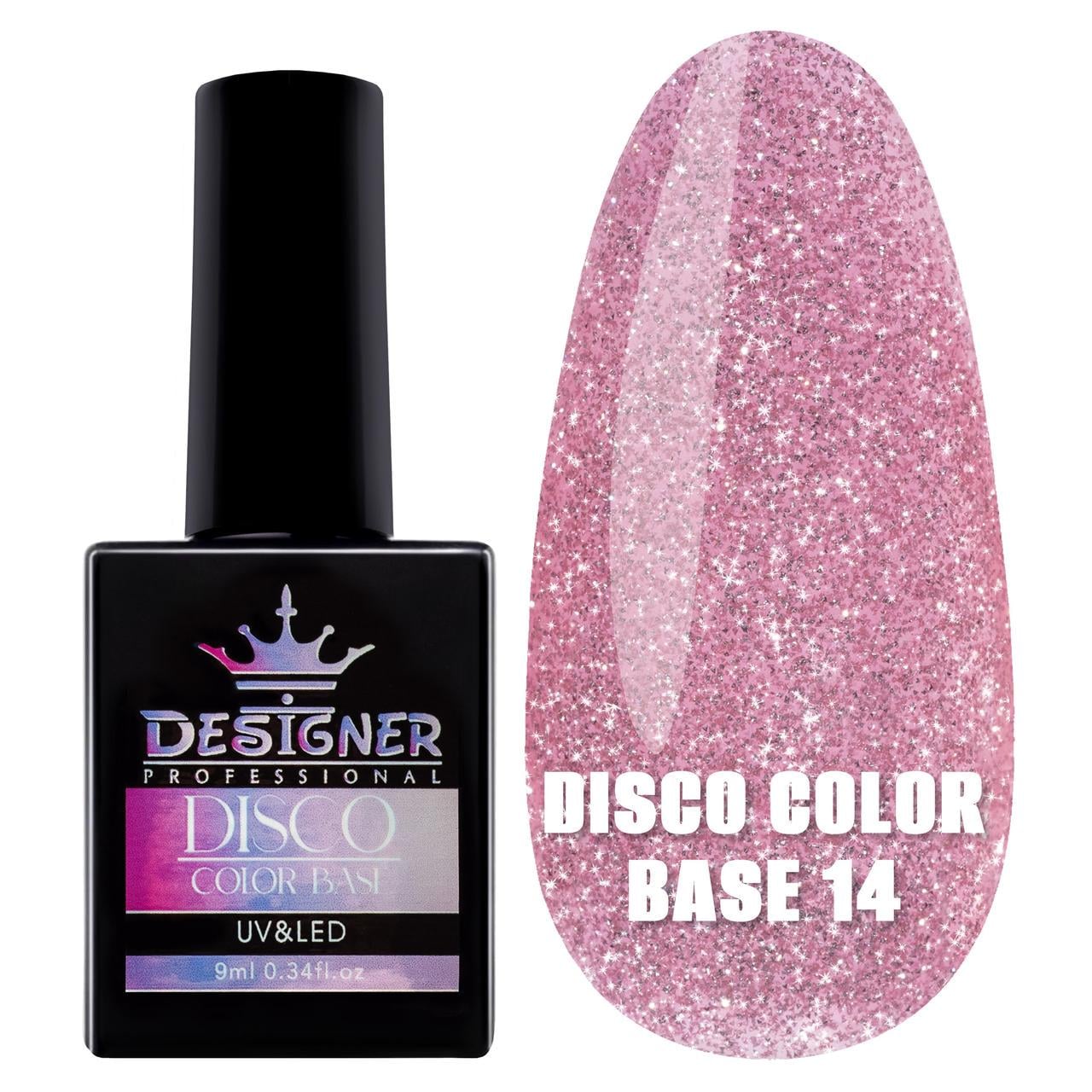 Каучуковая база Disco Color Base Дизайнер для ногтей со светоотражающими частицами 9 мл Теплый розовый №14