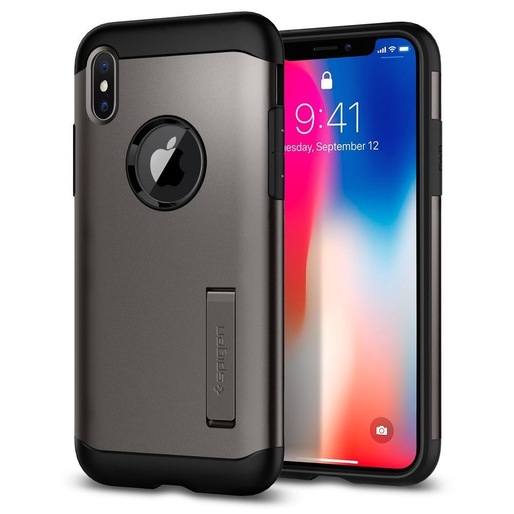 Чехол противоударный с подставкой Spigen Slim Armor для Iphone X (057CS22135) Gun Metal