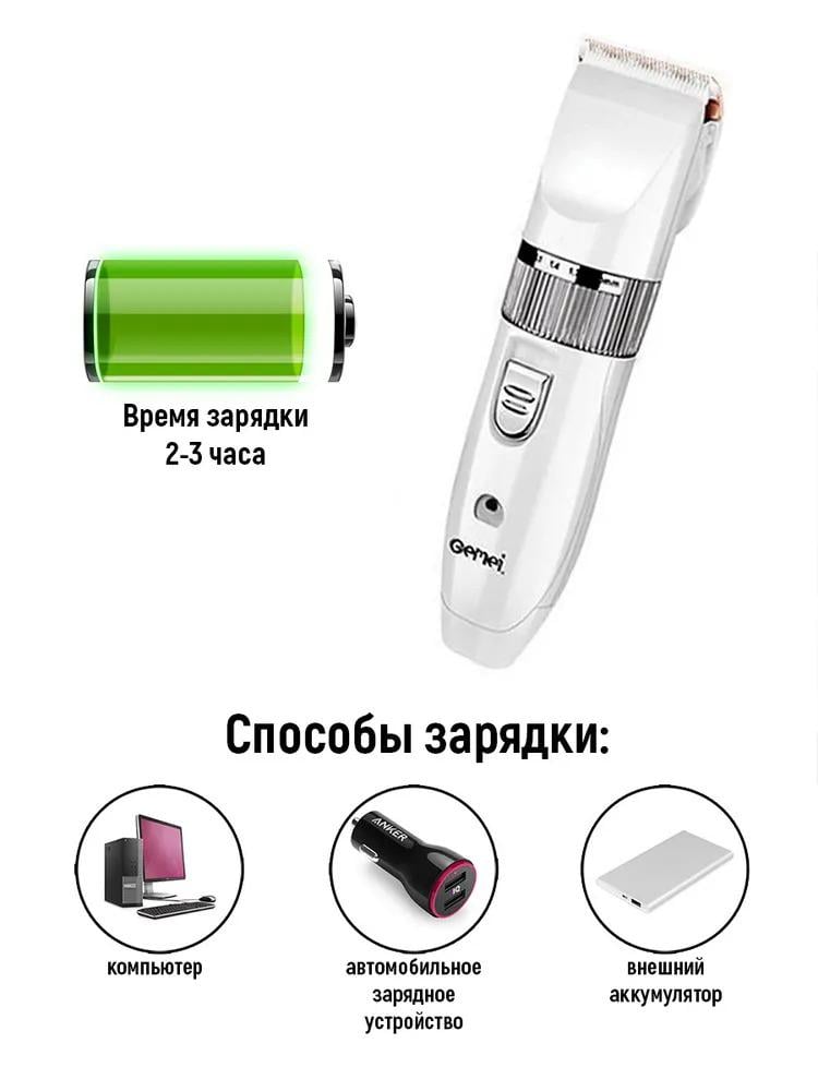 Машинка для стрижки животных Gemei 6W беспроводная USB с насадками для груминга Белый - фото 4