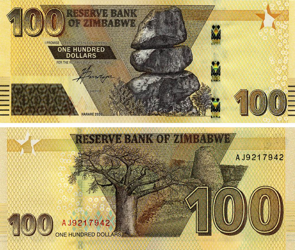 Коллекционная банкнота Зимбабве 100 долларов 2020 (2022) UNC (PW103) Коллекционная банкнота Зимбабве 100 долларов 2020 (2022) UNC (PW103)