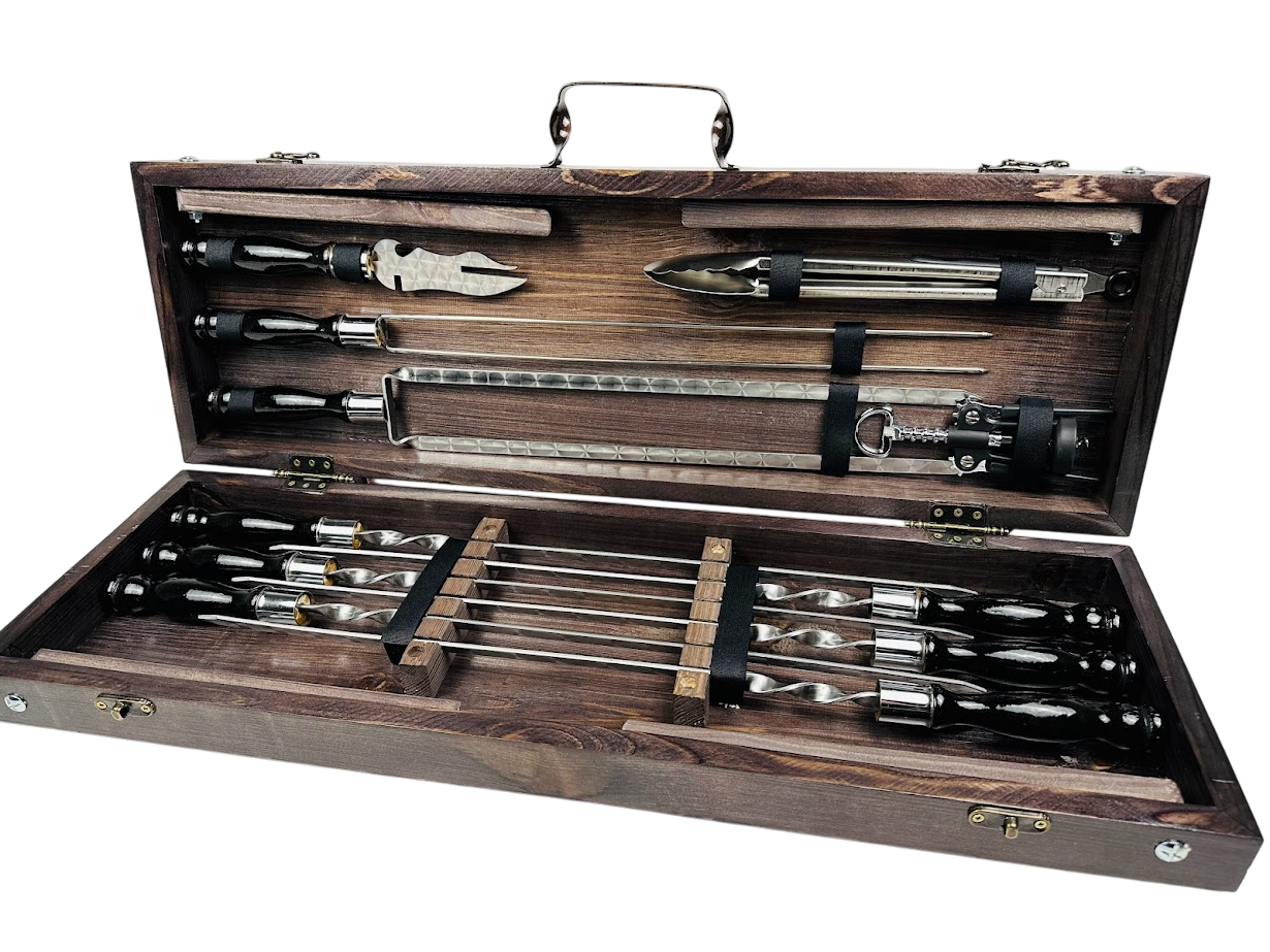 Набор шампуров ручной работы Пантера с аксессуарами и столом-трансформером 11 предметов 74х24х10 см Коричневый (124-10-KS-7617)