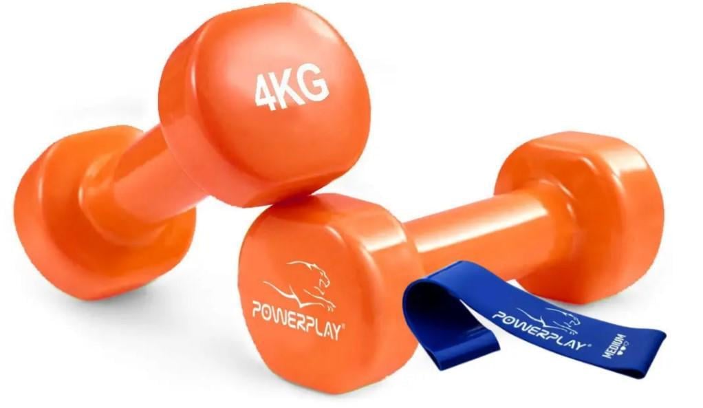 Гантели виниловые PowerPlay Achilles 4125 4 кг 2 шт. с резинком для фитнеса 7,5 кг Оранжевый (PP_4125_4kg_2in)