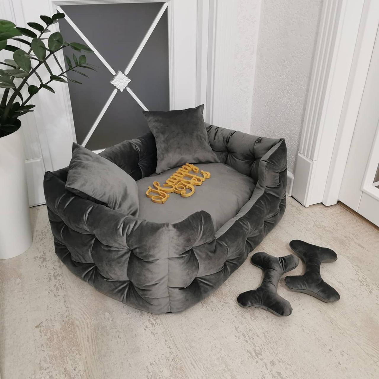 Лежак з бортами для собак і котів та подушка-іграшка-кістка велюр 50х40 см Сірий