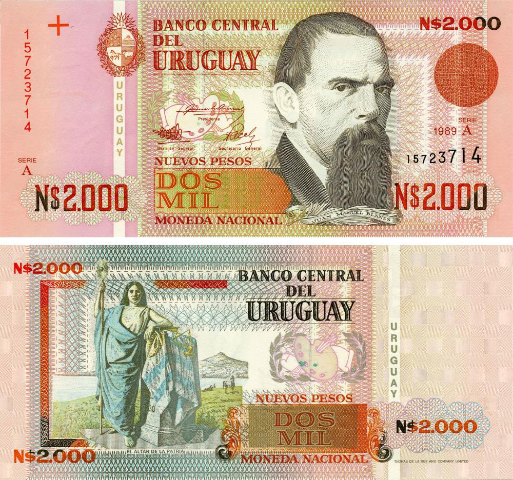 Коллекционная банкнота Уругвай 2000 песо 1989 UNC P68a (Б16046)