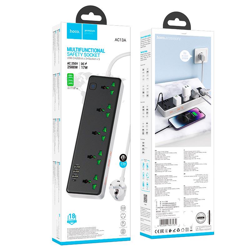 Подовжувач мережевий Hoco AC13A 5-position socket 3xUSB Type-C Black (594535) - фото 4