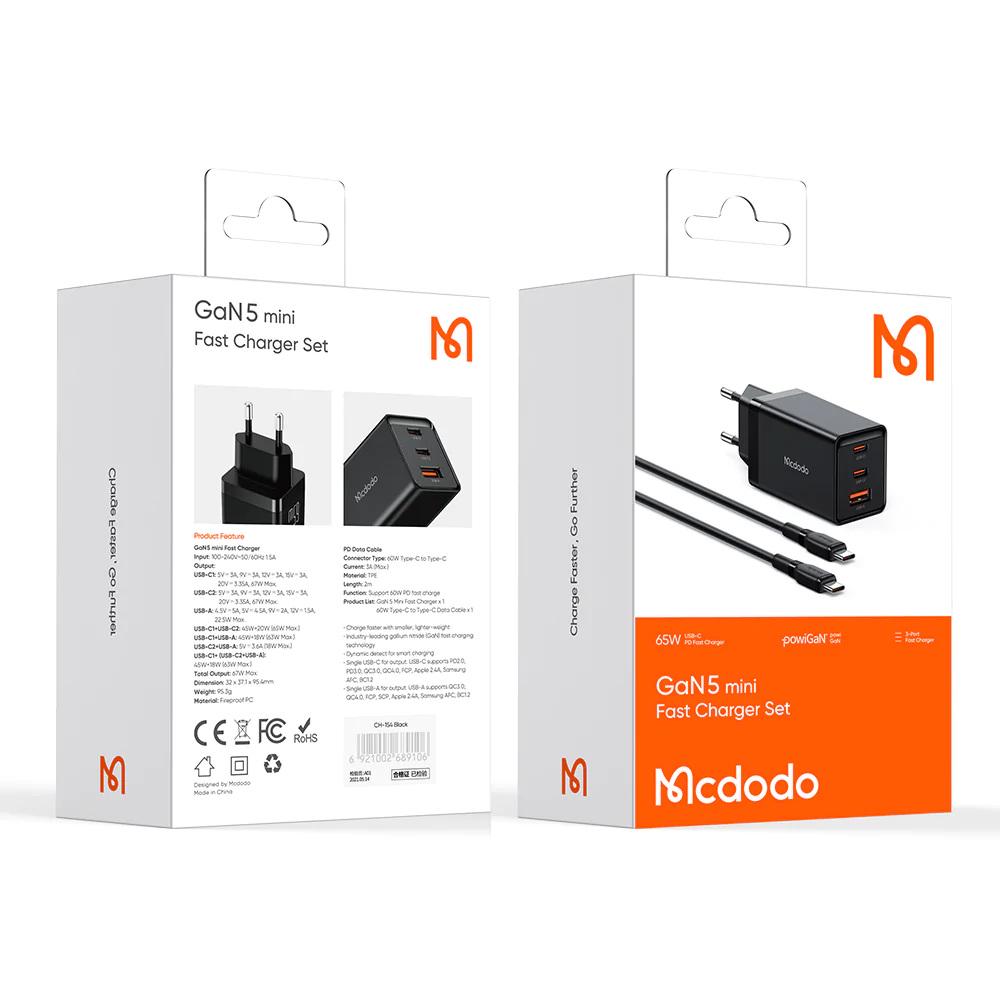 Зарядний пристрій Mcdodo GaN Mini Fast Charger USB-C  USB-A 65W Black - фото 4