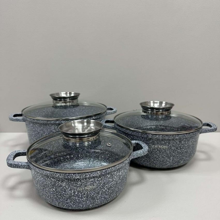 Набір каструль Zauberg алюмінієві з мармуровим покриттям зі скляними кришками 2,3/3,2/4,5 л (2671050472) - фото 2 Набір каструль Zauberg алюмінієві з мармуровим покриттям зі скляними кришками 2,3/3,2/4,5 л (2671050472) - фото 2
