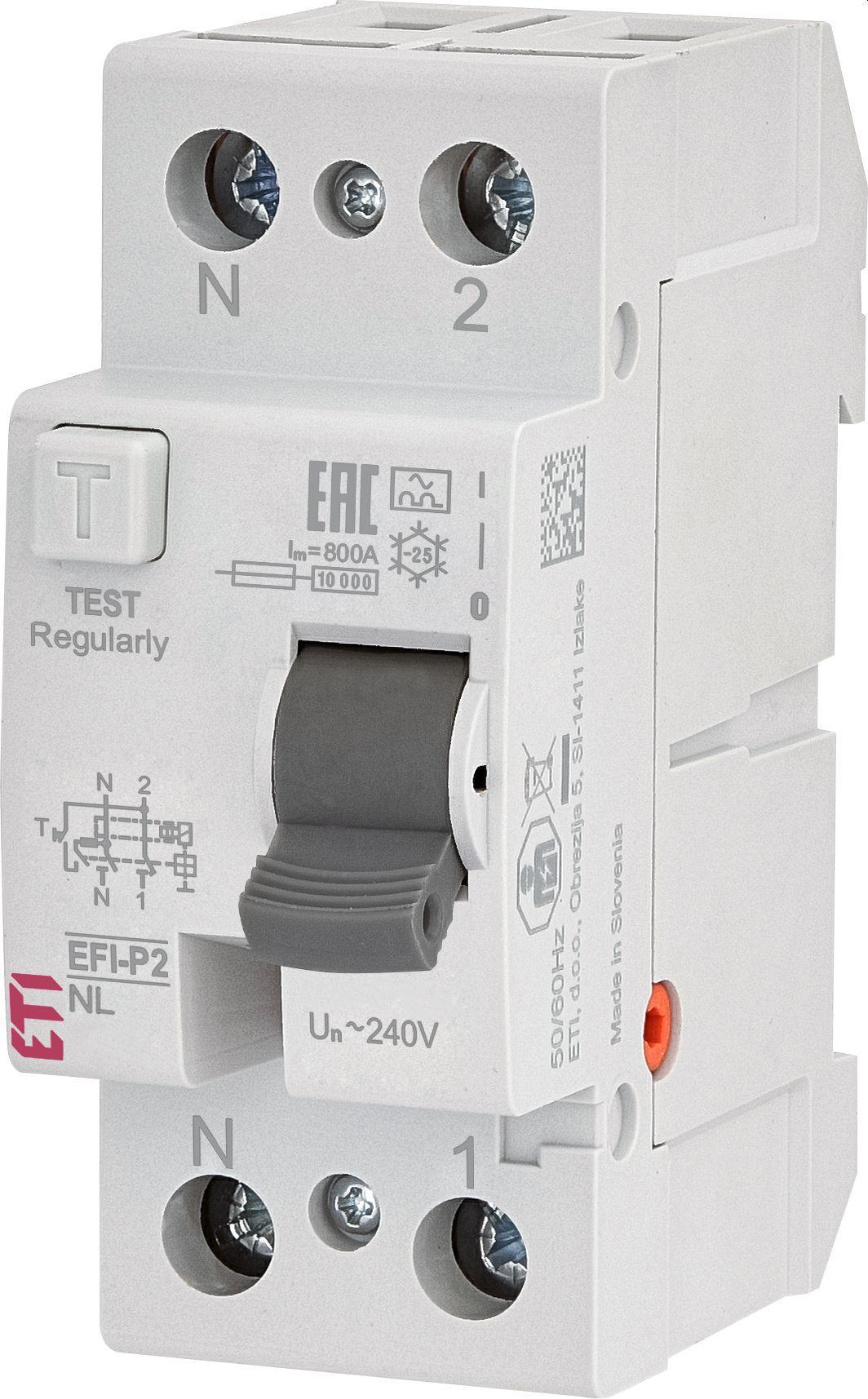 Пристрій захисного відключення ETI EFI-P2 NL 1P+N 25А 30мА тип А полюс N зліва (2061411)