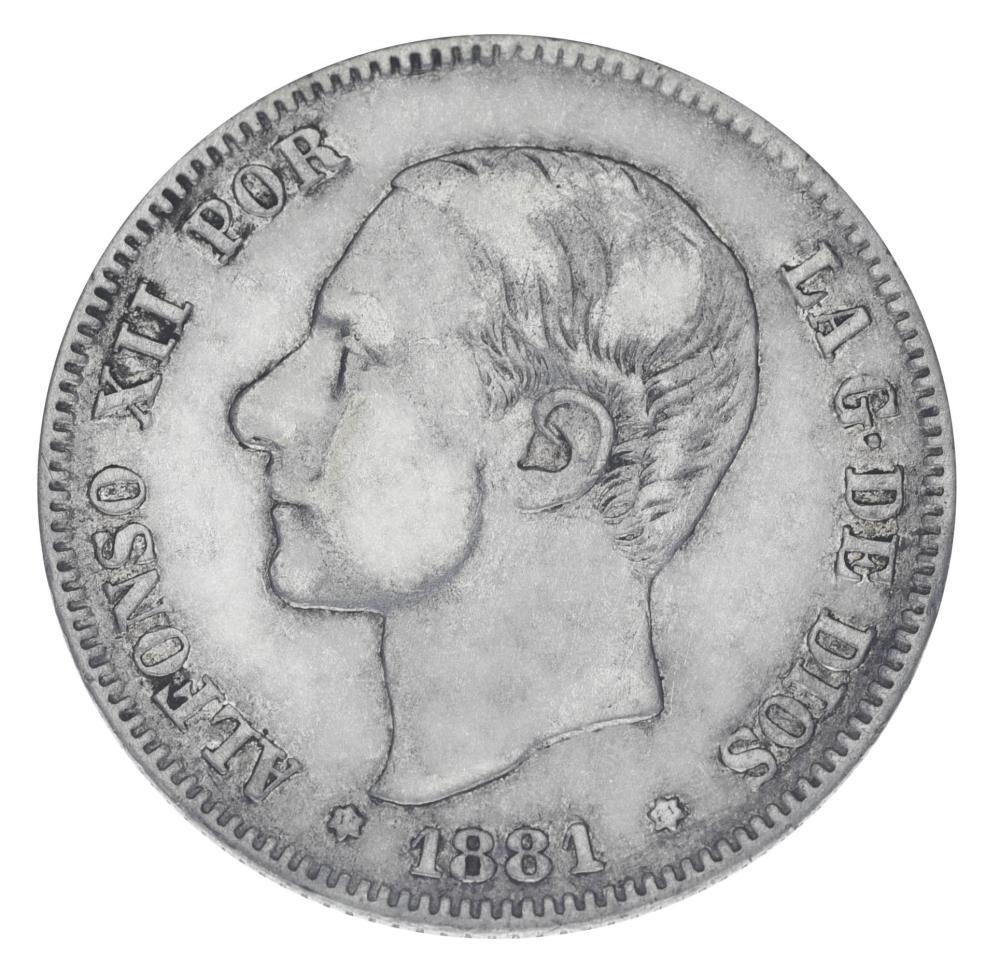 Коллекционная монета Испания 2 песеты 1881 серебро F-VF Король Альфонсо XII 1875 1885 Ag 835 10 г (М19831)