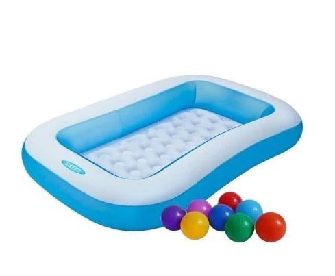 Басейн надувний дитячий Intex вініловий з надувним дном та 10 кульками 166х100х28 см Синій (21-9-57403-1)
